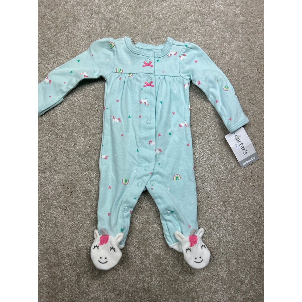 Carter's Unicorn Footed Sleeper Preemie Mint Green 3D Bows Magical Whimsical